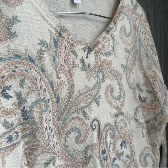 J. Jill Tan Floral Paisley Pullover V Neck Sweater Long Sleeve Size XS - Picture 6 of 6